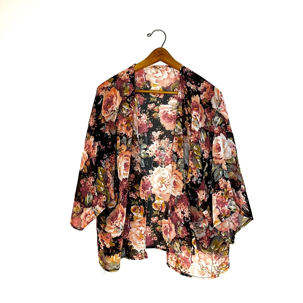 Vintage Style Sheer Chiffon Floral Kimono Cardigan Black Pink Rose Top